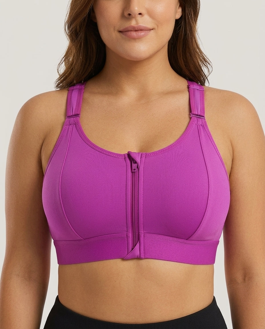 Astra Zip Front Running Sports Bra Purple Magenta Front Close Product Detail