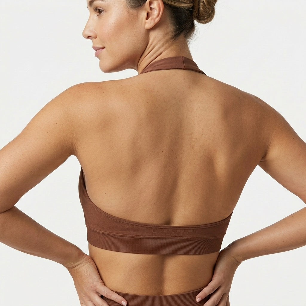 Kaia Seamless Halter Neck Sports Bra Brown Open Back