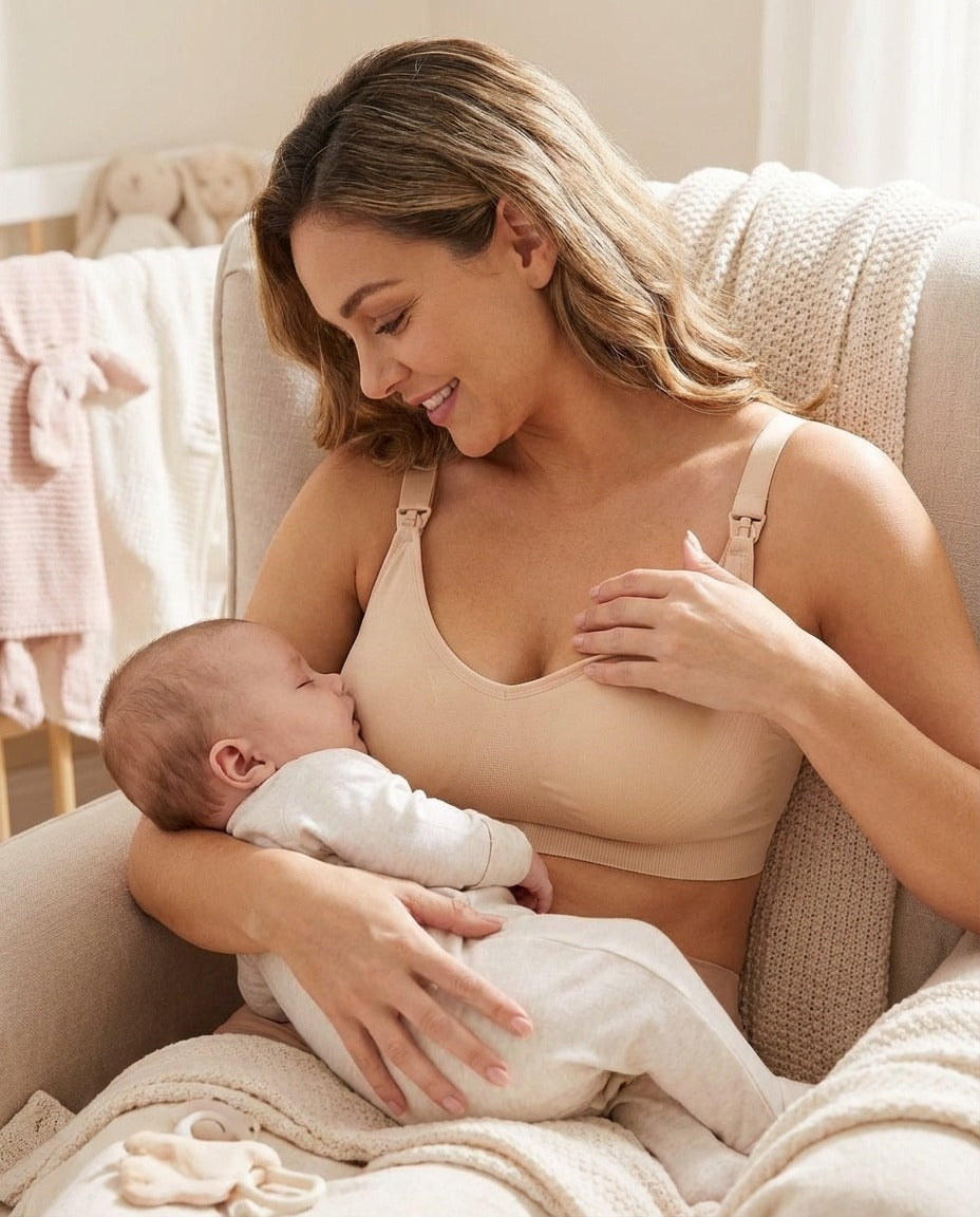 Celeste Seamless Clip Down Nursing Bra Nude Breastfeeding Lifestyle