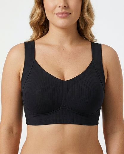 Alba Ribbed Wide Strap Comfort Bra Black Front Close Product Detail