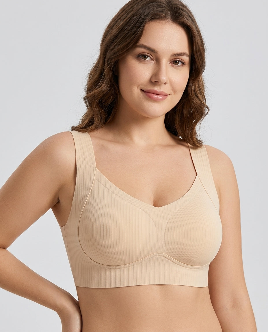 Alba Ribbed Wide Strap Comfort Bra Champagne Beige Hero Front Australian Model