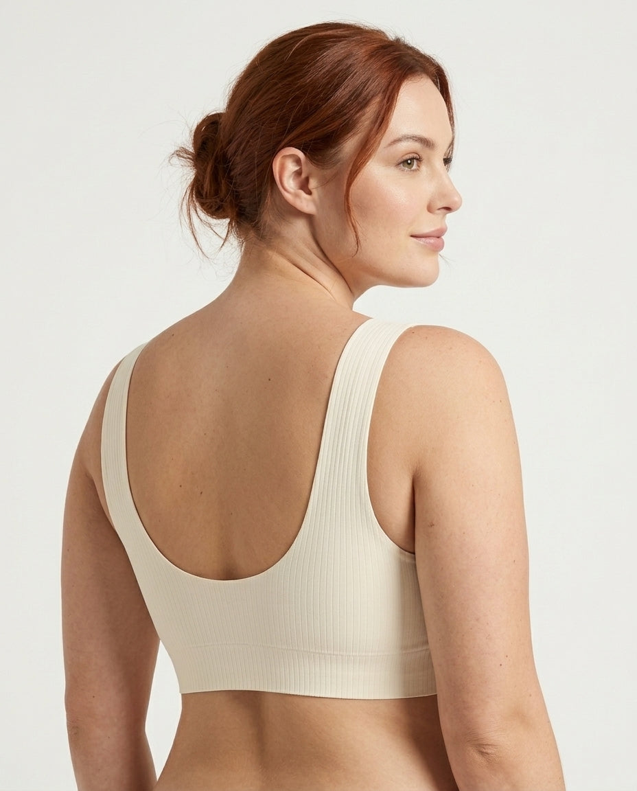 Alba Ribbed Wide Strap Comfort Bra Ivory Cream Side Back Scoop Back Strap Detail