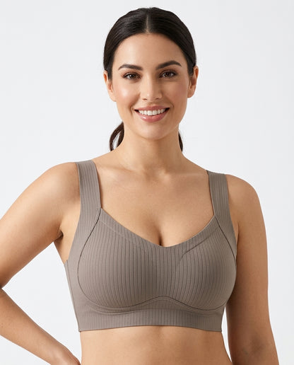 Alba Ribbed Wide Strap Comfort Bra Taupe Gray Hero Front Australian Model