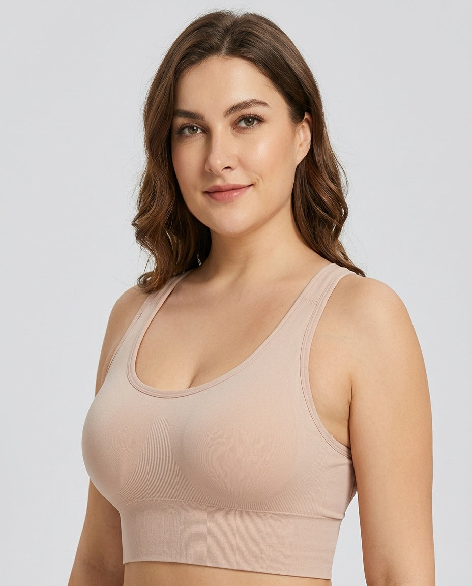 Alina Open Back Longline Sports Bra Soft Nude Hero Front Australian Model