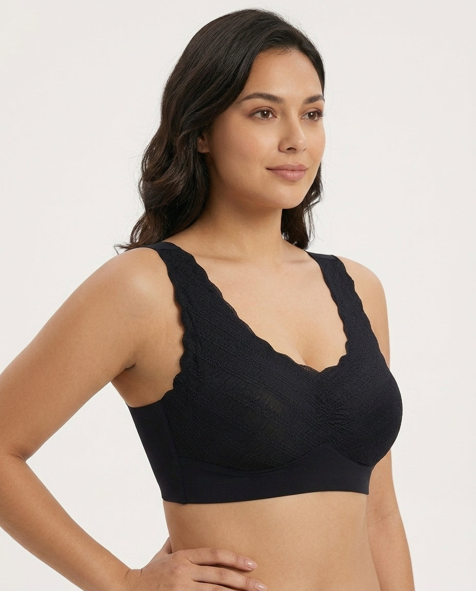 Amara Lace V Neck Comfort Bra Black Side Front Lace Strap Detail