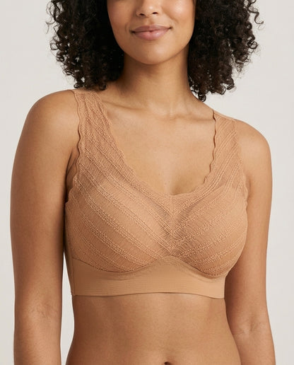 Amara Lace V Neck Comfort Bra Caramel Tan Front Close Product Detail