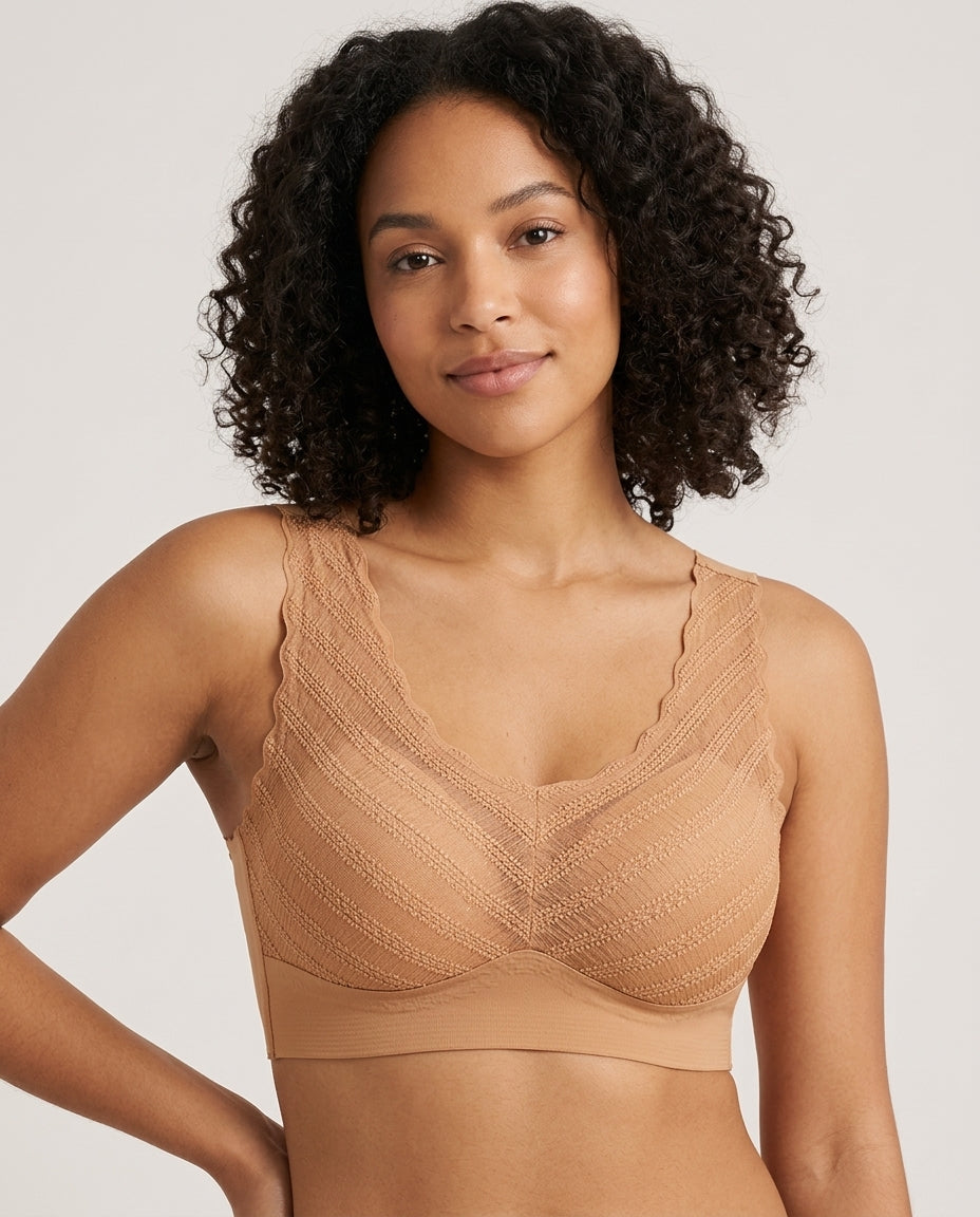 Amara Lace V Neck Comfort Bra Caramel Tan Hero Front Australian Model
