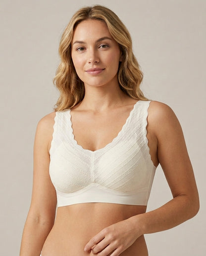 Amara Lace V Neck Comfort Bra Ivory White Three Quarter Underband Lace Detail
