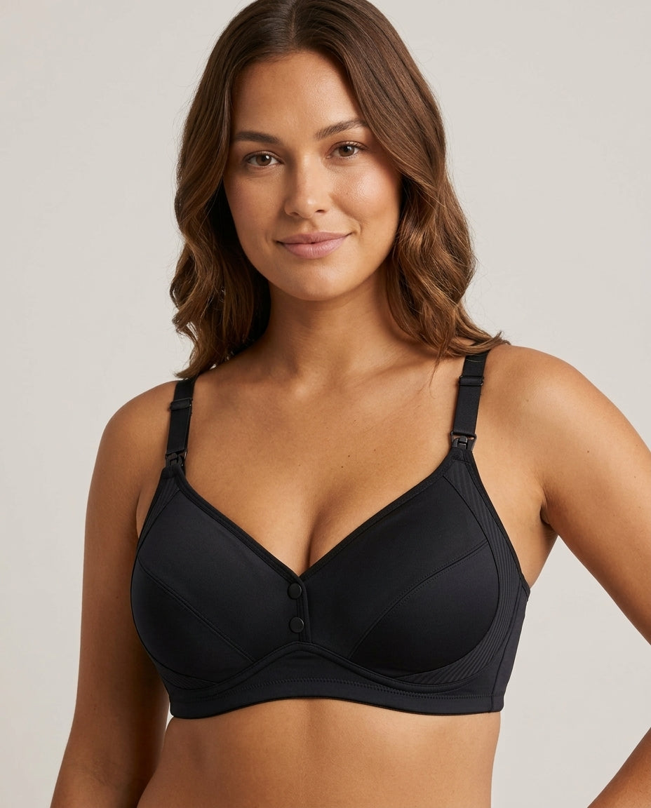 Anna Front Button Wirefree Nursing Bra Black Hero Front Australian Model