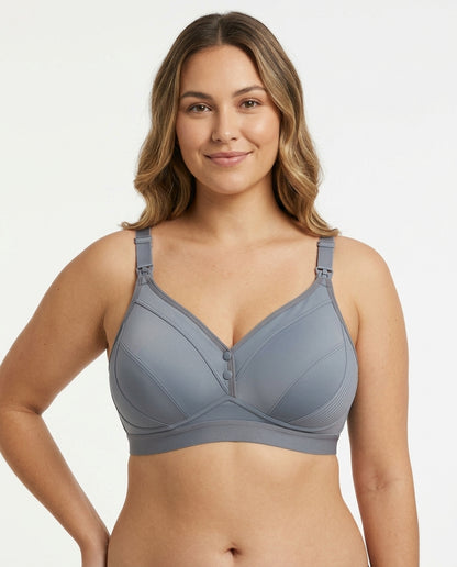 Anna Front Button Wirefree Nursing Bra Steel Grey Hero Front Australian Model