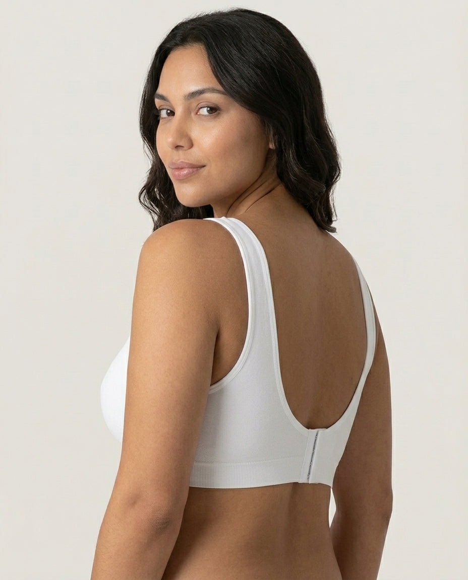 Arielle Wirefree Sleep Bra White Side Back Scoop Hook Closure Detail
