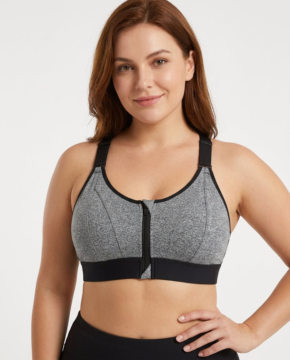 Astra Zip Front Running Sports Bra Gray Hero Front Australian Model