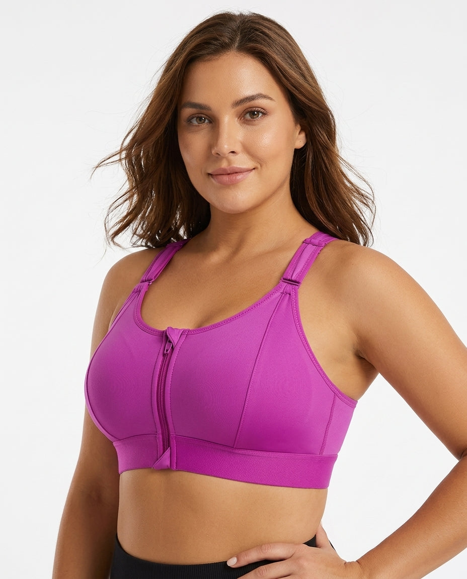 Astra Zip Front Running Sports Bra Purple Magenta Hero Front Australian Model