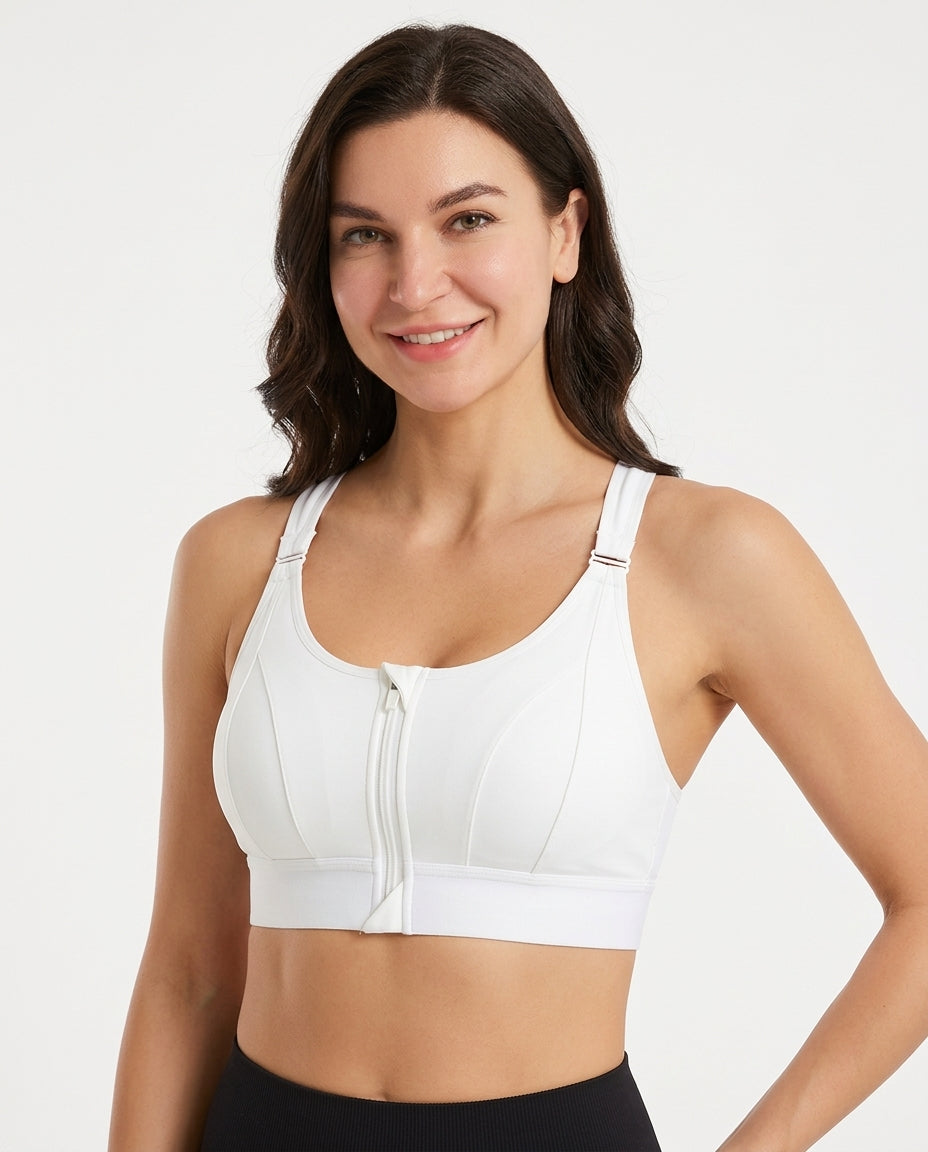 Astra Zip Front Running Sports Bra White Hero Front Australian Model