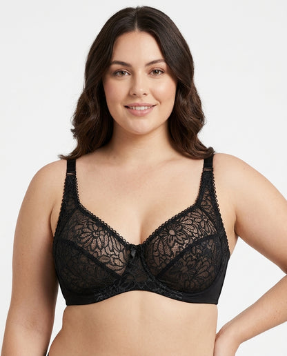 Bianca Floral Underwire Womens Bra Black Hero Front Australian Model