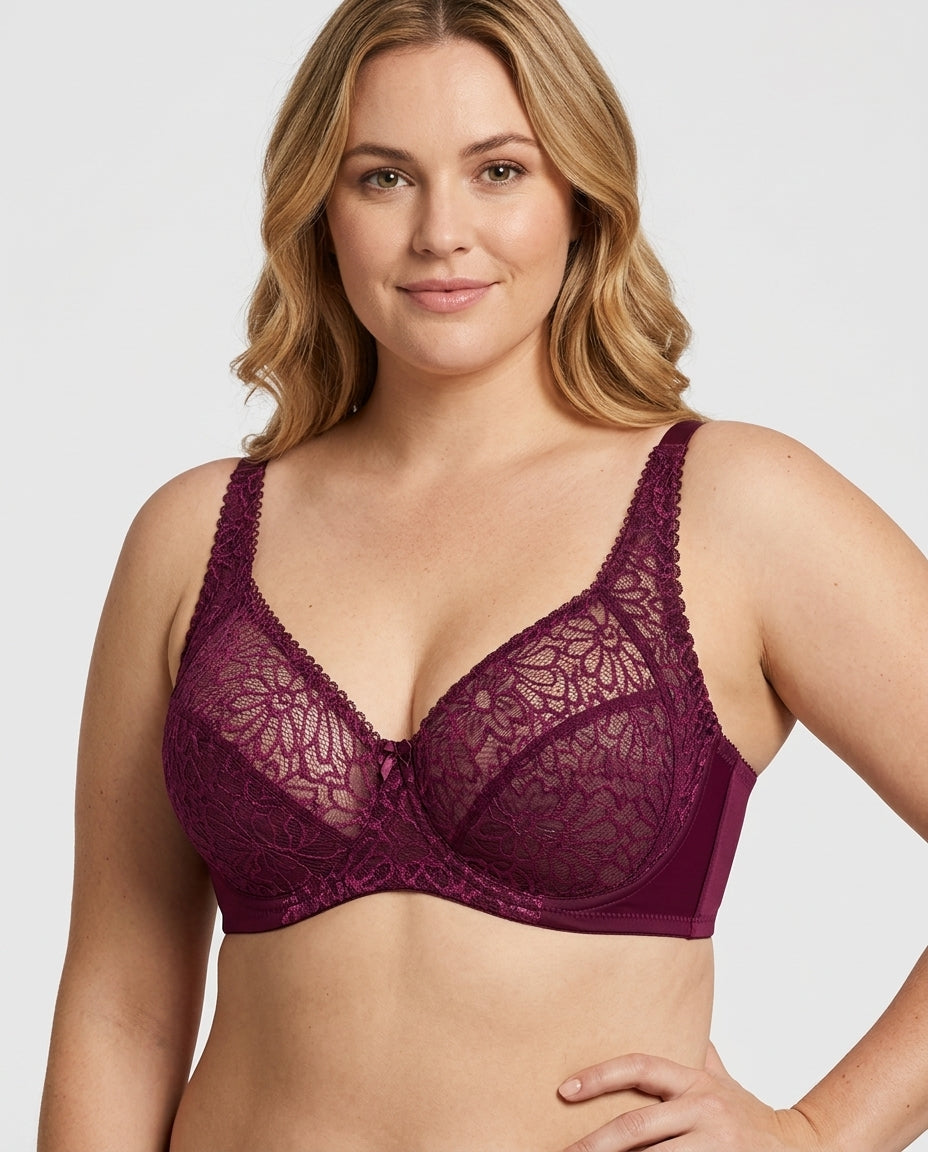Bianca Floral Underwire Womens Bra Burgundy Hero Front Australian Model