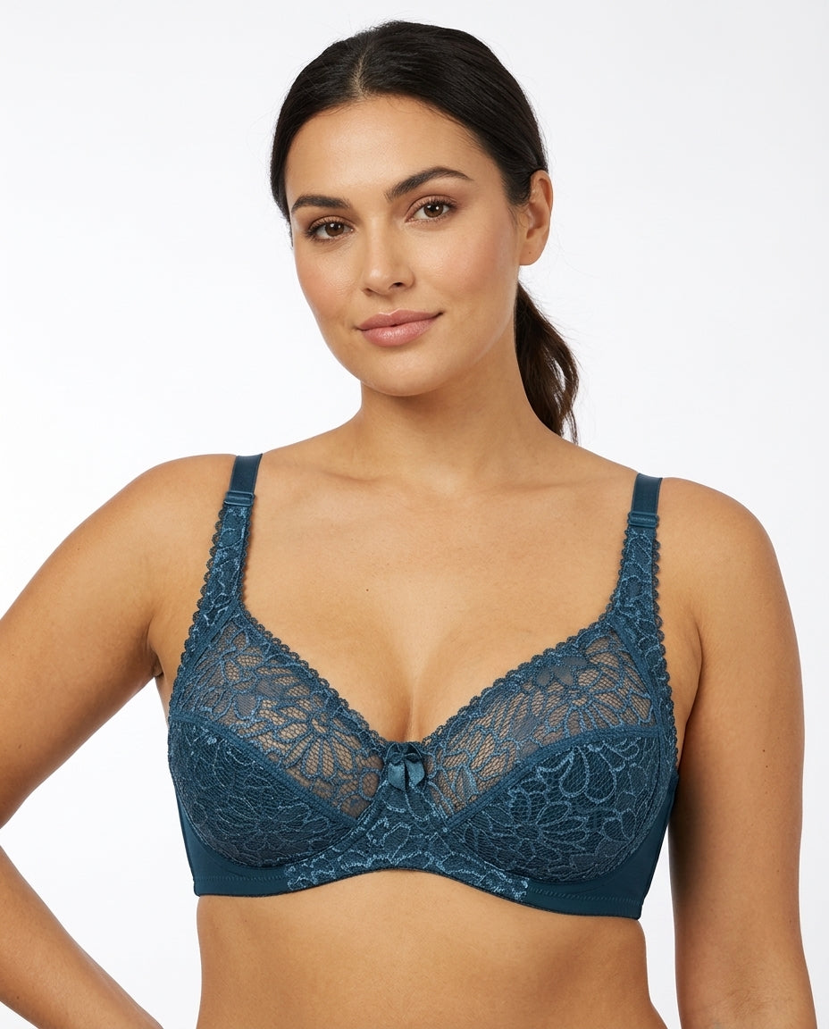 Bianca Floral Underwire Womens Bra Teal Blue Hero Front Australian Model