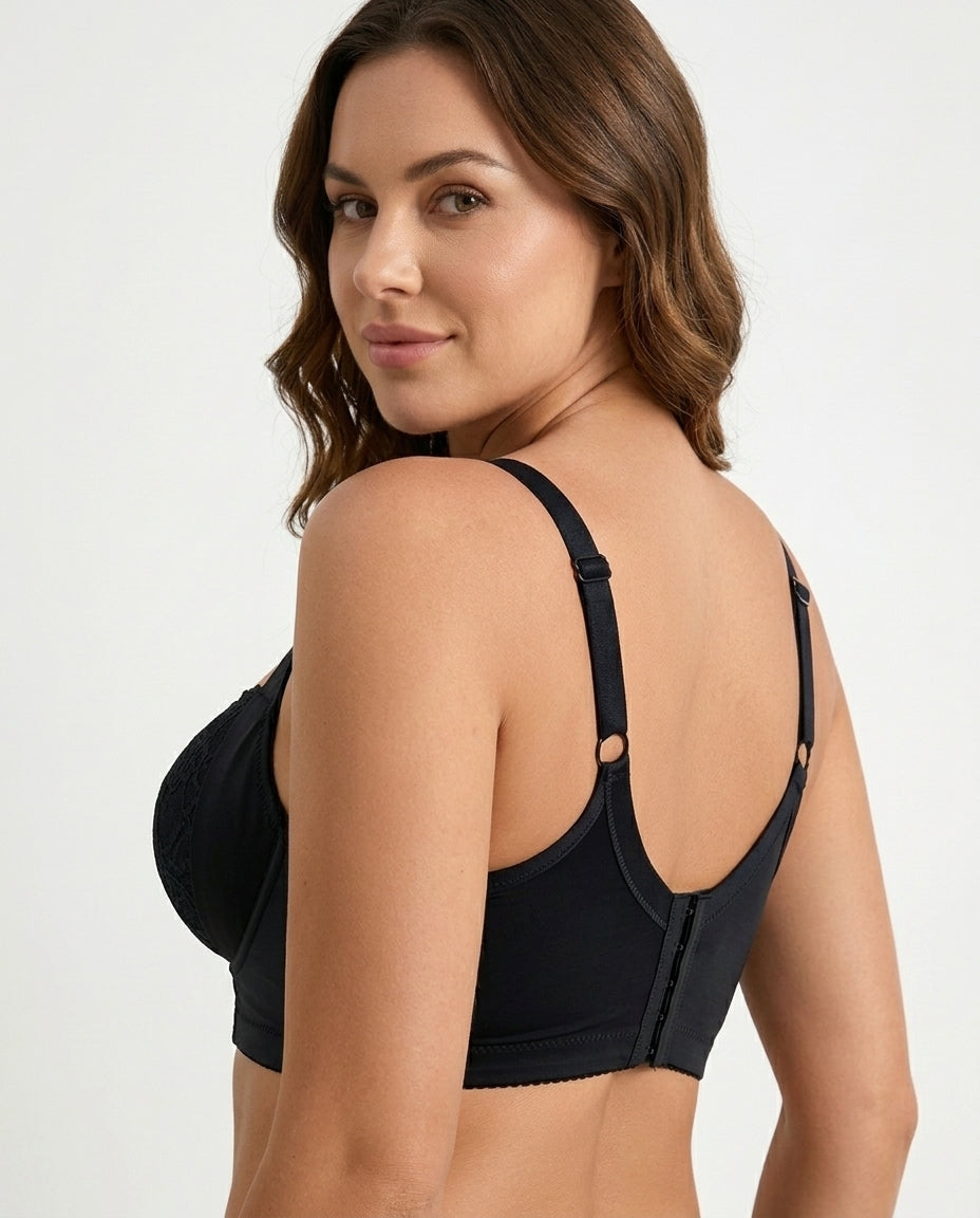 Carmen Five Hook Lace Push Up Bra Black Side Back Five Row Closure Strap Detail