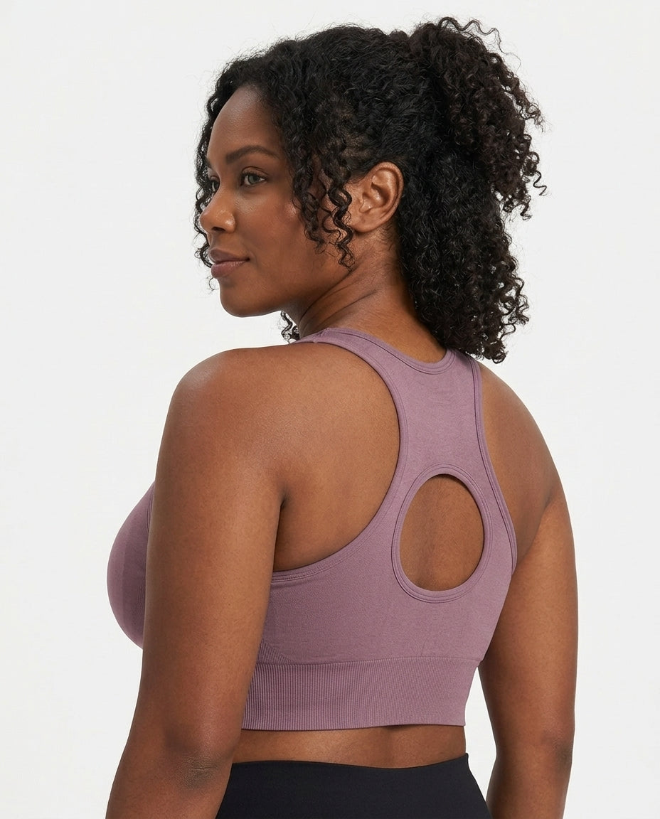 Celeste Ultimate High Impact Sports Bra Mauve Racerback Keyhole Detail