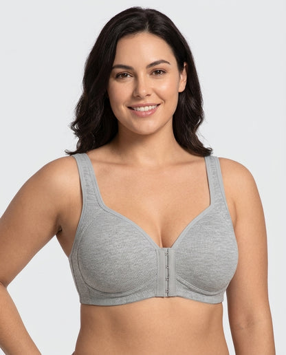 Celia Ribbed Front Hook Support Bra Grey Model Front