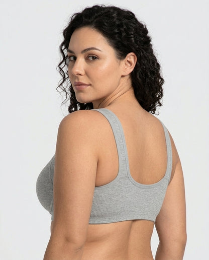 Celia Ribbed Front Hook Support Bra Grey U Back Detail