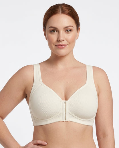 Celia Ribbed Front Hook Support Bra Ivory Model Front