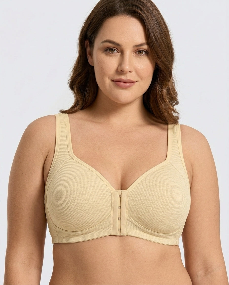 Celia Ribbed Front Hook Support Bra Nude Front Close Detail
