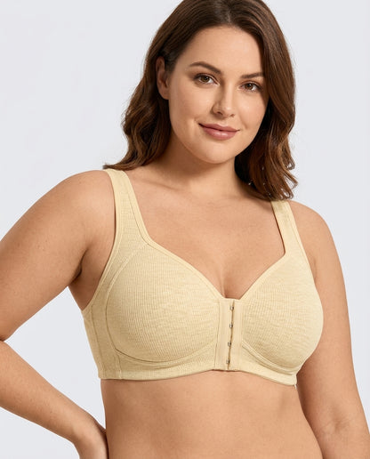 Celia Ribbed Front Hook Support Bra Nude Model Front