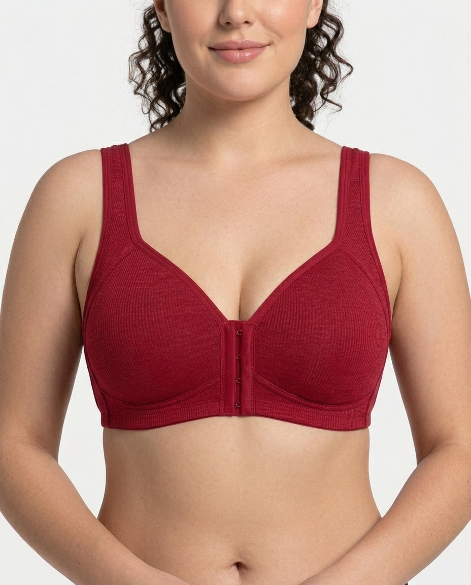 Celia Ribbed Front Hook Support Bra Red Front Close Detail