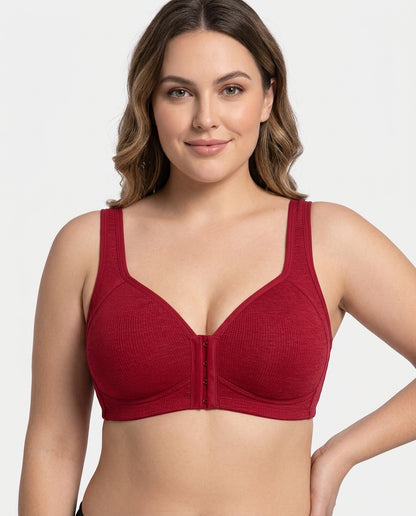 Celia Ribbed Front Hook Support Bra Red Model Front