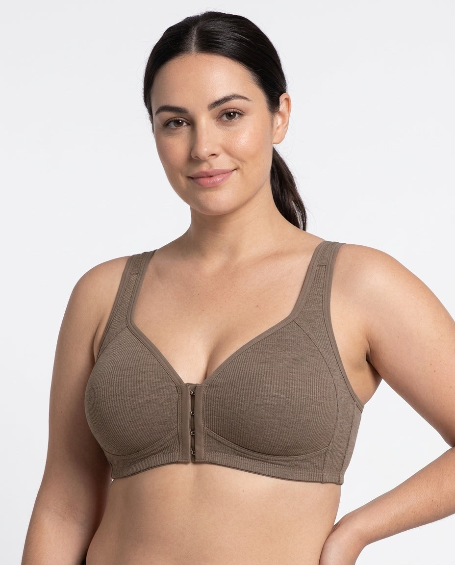 Celia Ribbed Front Hook Support Bra Taupe Model Front
