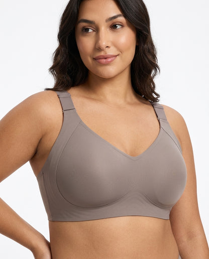 Dalia Plus Size Wirefree Support Bra Taupe Gray Hero Front Australian Model