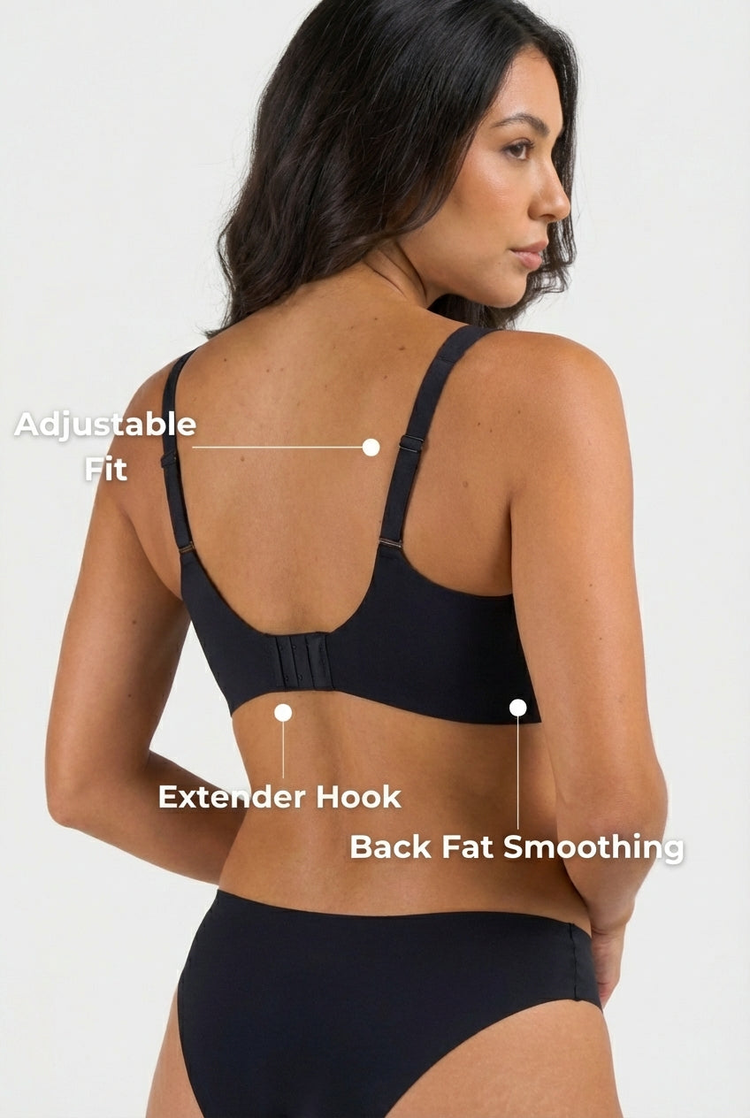 Elara Deep V Push Up Seamless Wireless Jelly Bra Black Back Support