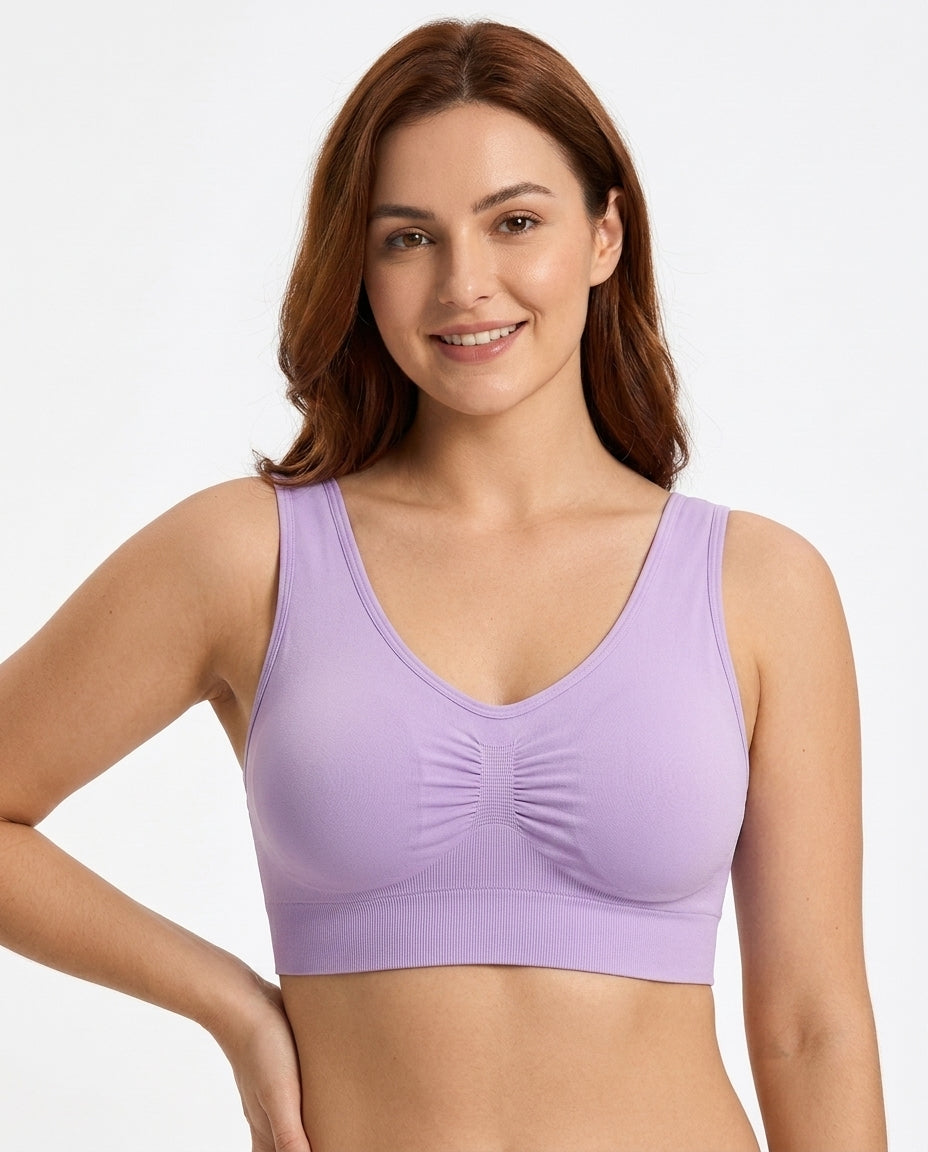 Eleni Ruched Wirefree Bralette Lavender Model Front