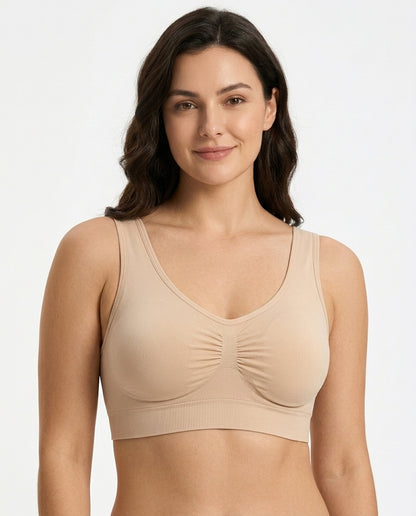 Eleni Ruched Wirefree Bralette Nude Model Front