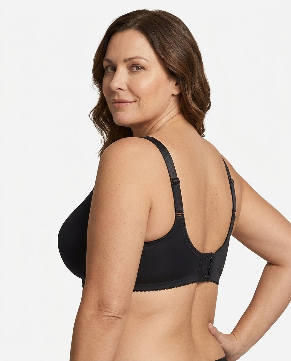 Elia Large Bust Full Coverage Support Bra Black Back Hook Closure Strap Detail