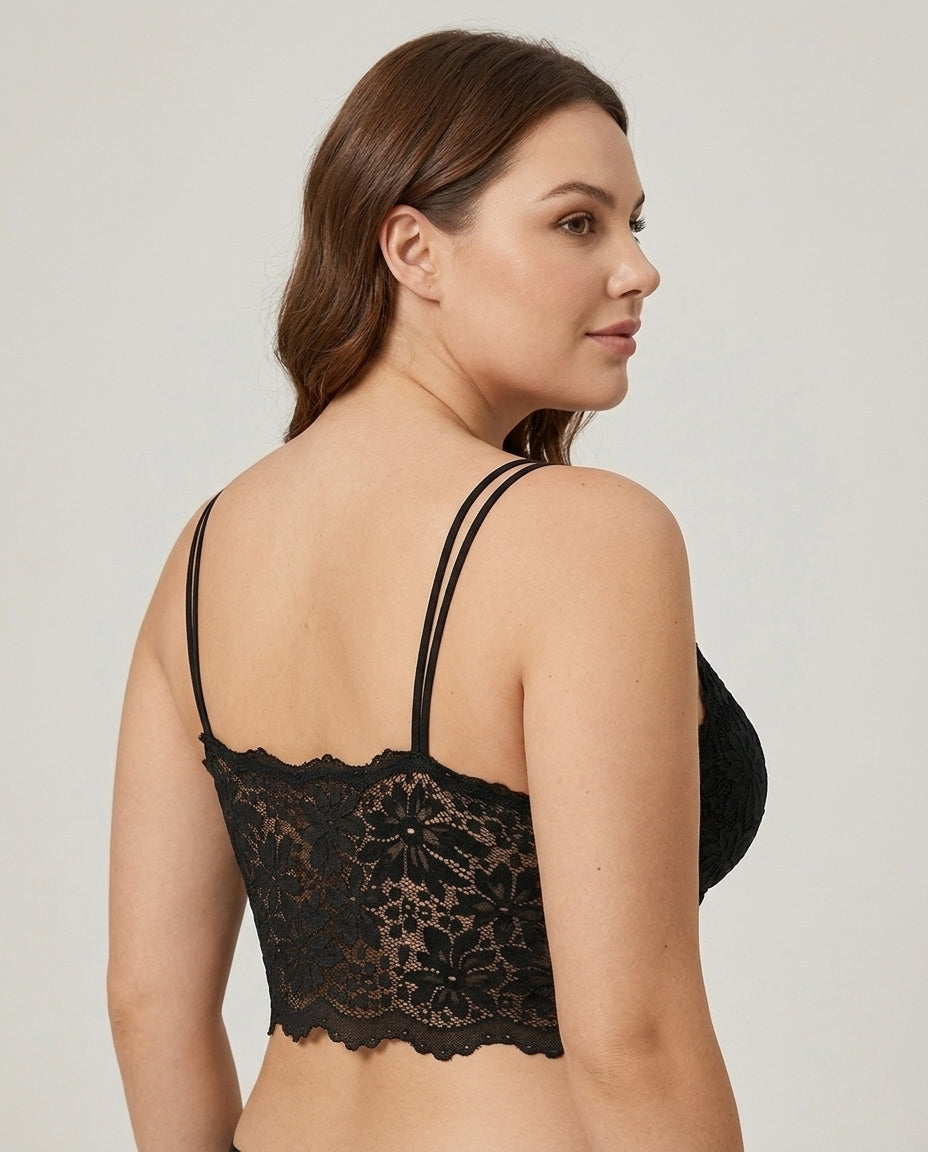 Elodie Floral Lace Longline Bralette Black Side Back Lace Panel Strap Detail