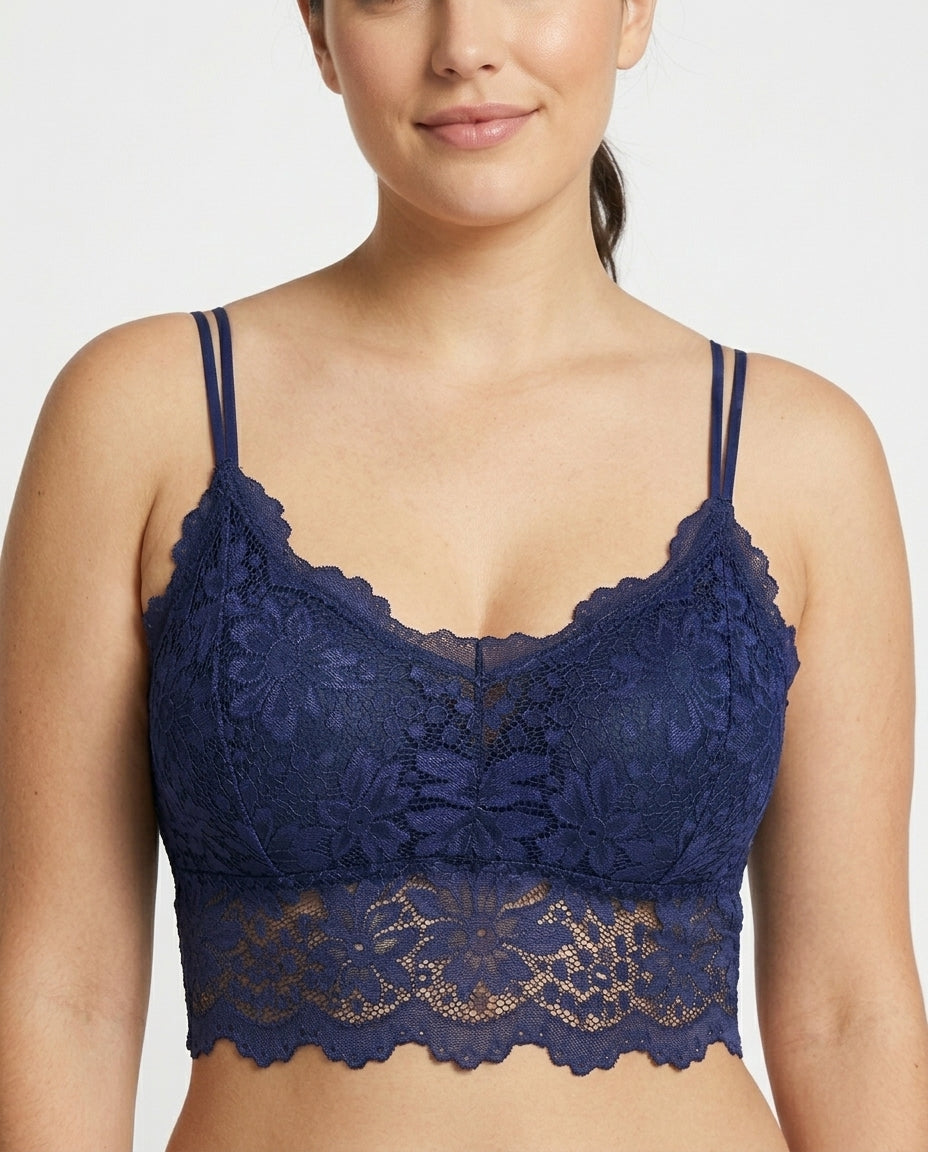 Elodie Floral Lace Longline Bralette Navy Blue Front Close Product Detail