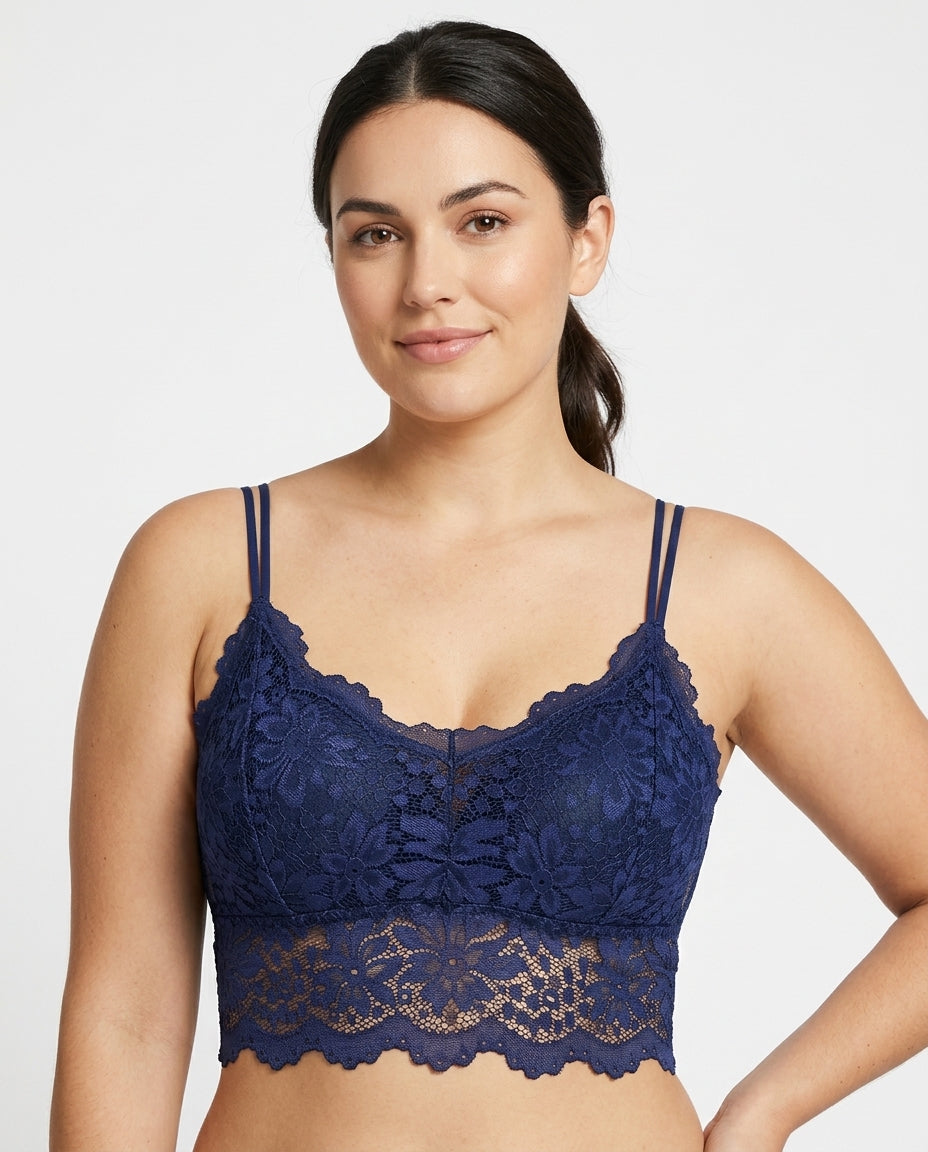 Elodie Floral Lace Longline Bralette Navy Blue Hero Front Australian Model