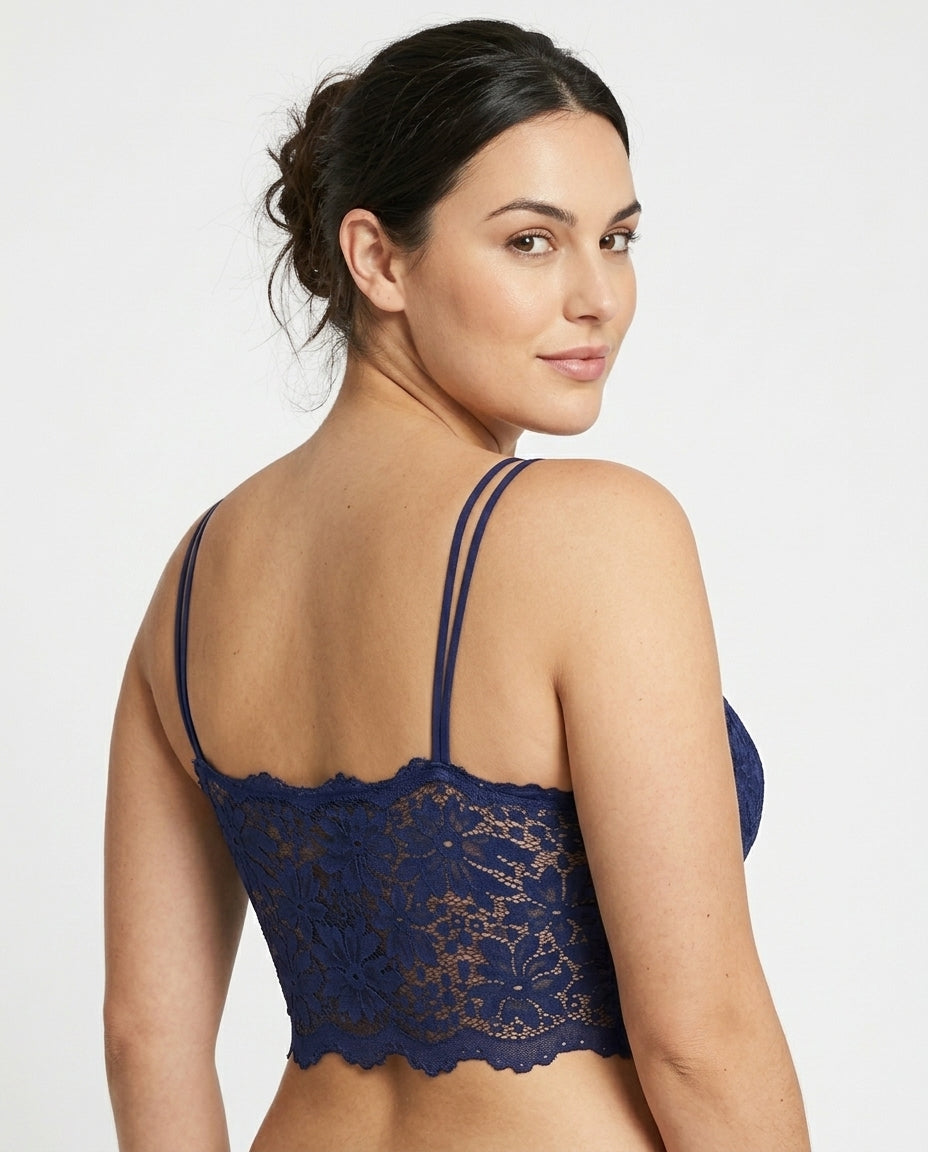 Elodie Floral Lace Longline Bralette Navy Blue Side Back Lace Panel Strap Detail