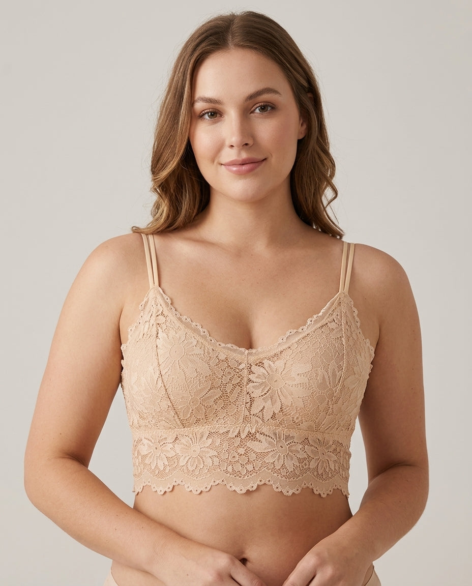 Elodie Floral Lace Longline Bralette Nude Beige Hero Front Australian Model
