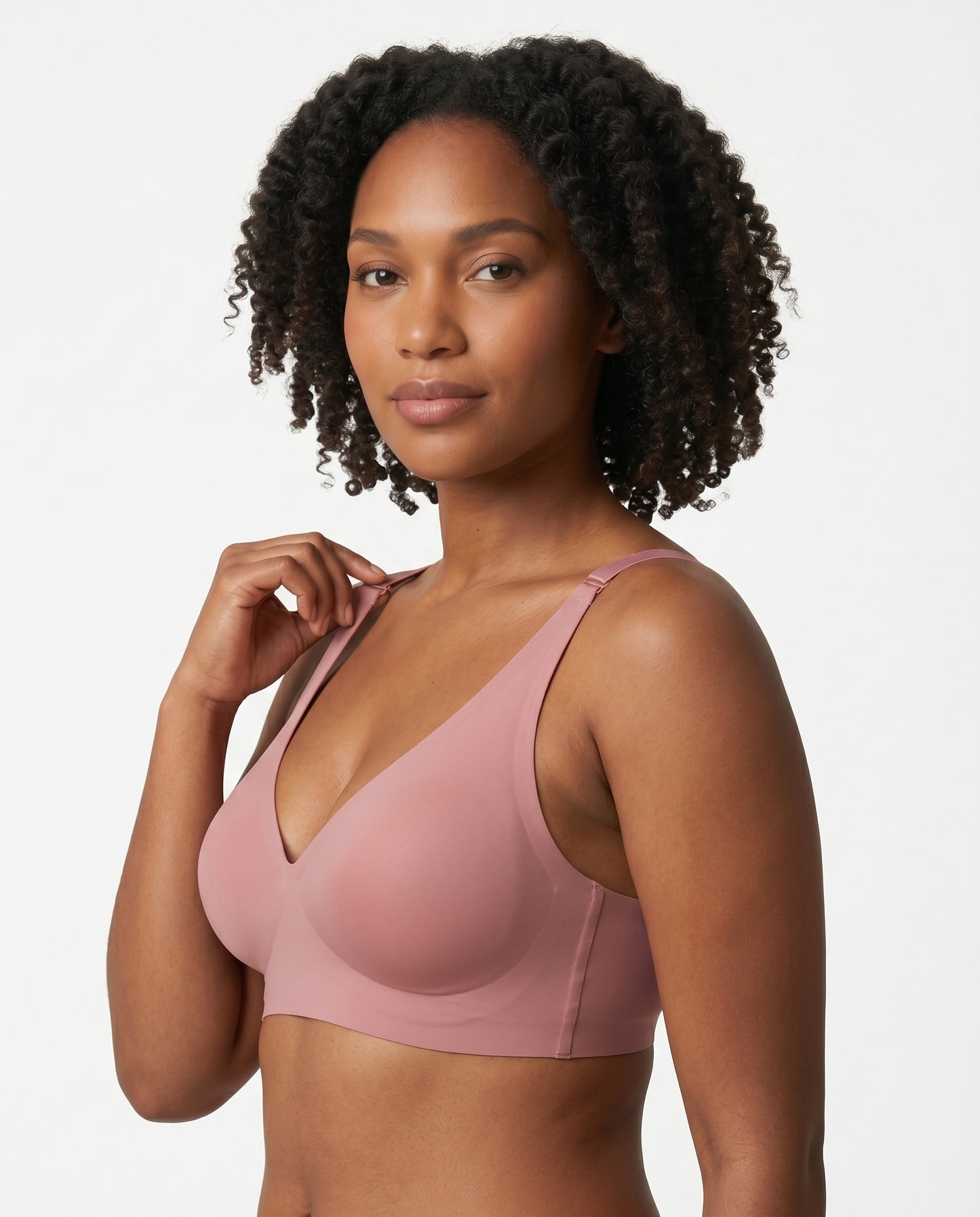 Faye Seamless Deep V Wireless Bralette Dusty Rose Three Quarter