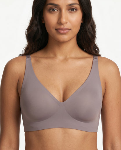 Faye Seamless Deep V Wireless Bralette Mauve Grey Product Front