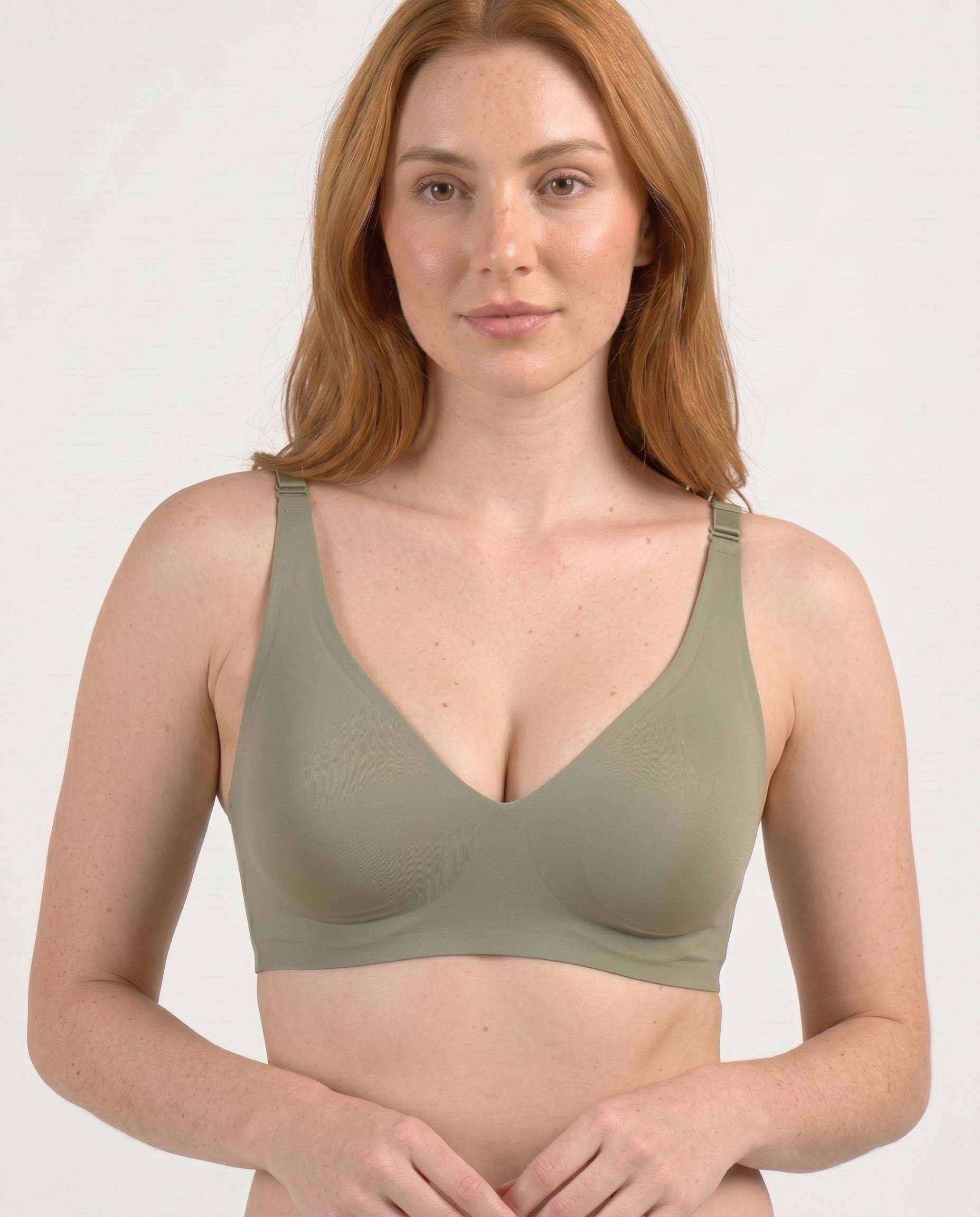 Faye Seamless Deep V Wireless Bralette Olive Product Front