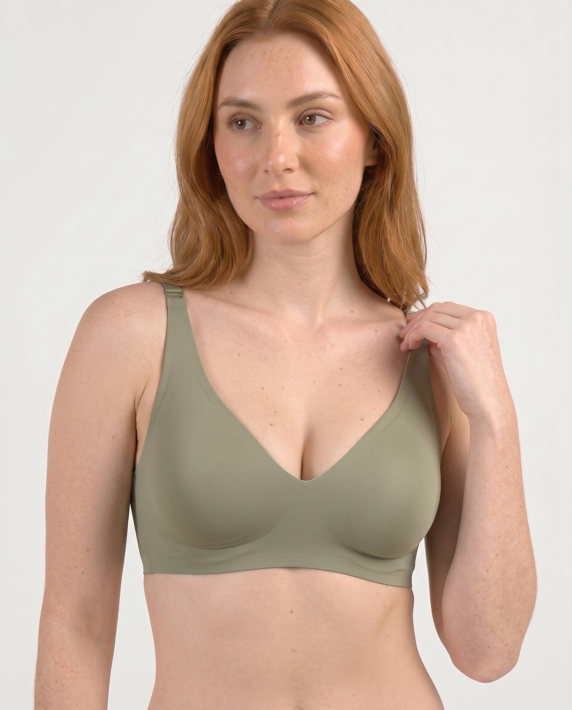 Faye Seamless Deep V Wireless Bralette Olive Three Quarter