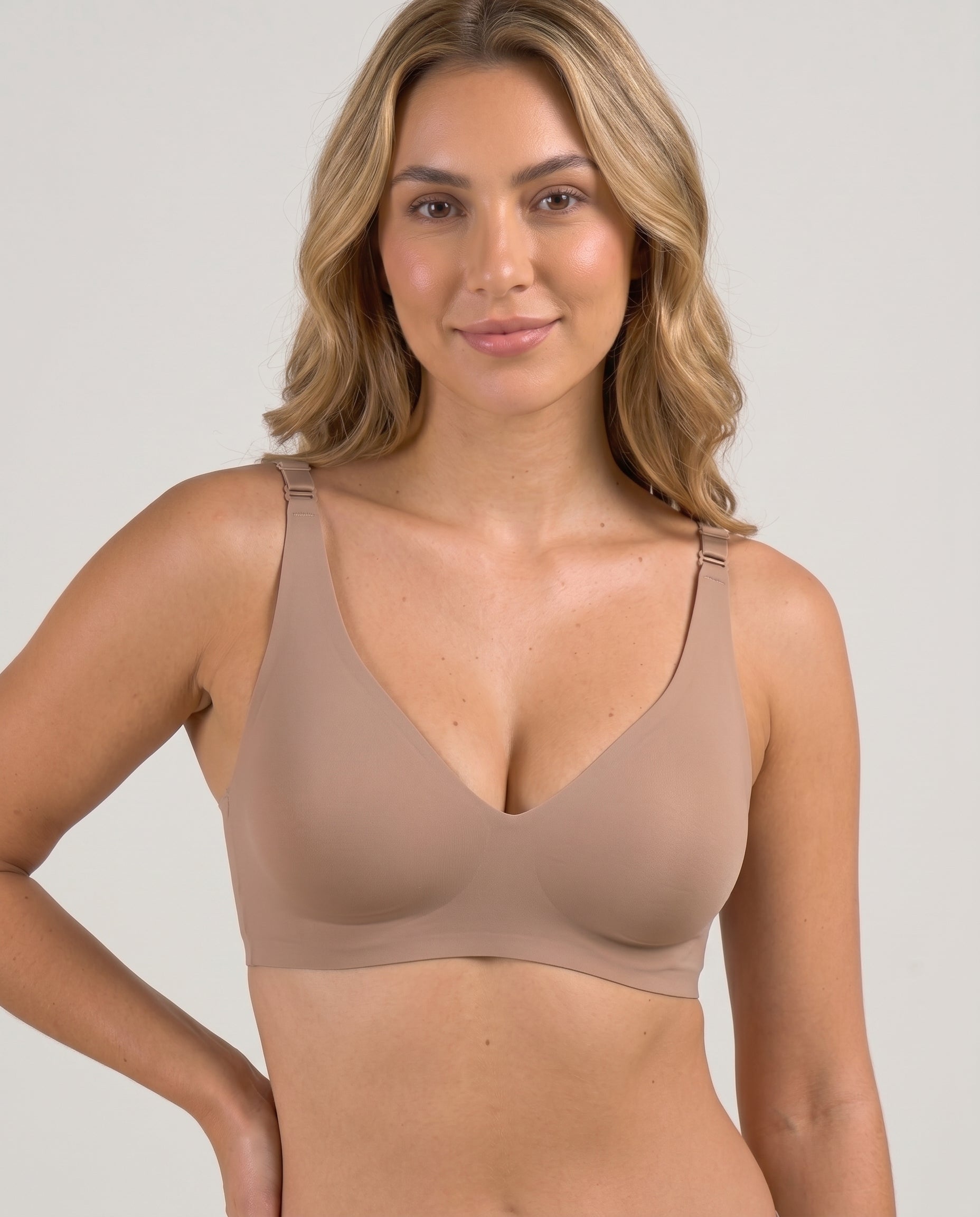 Faye Seamless Deep V Wireless Bralette Taupe Front