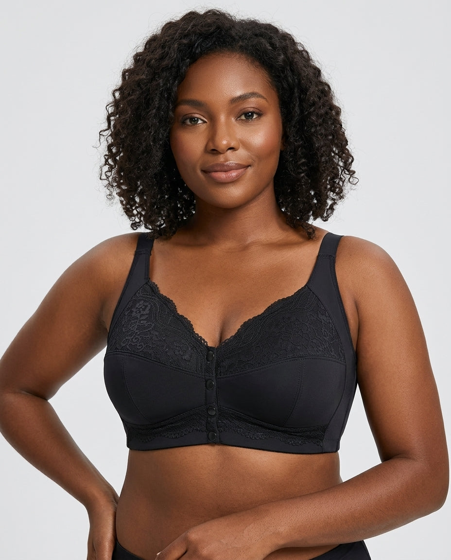 Freya Lace Front Closure Support Bra Black Model Front