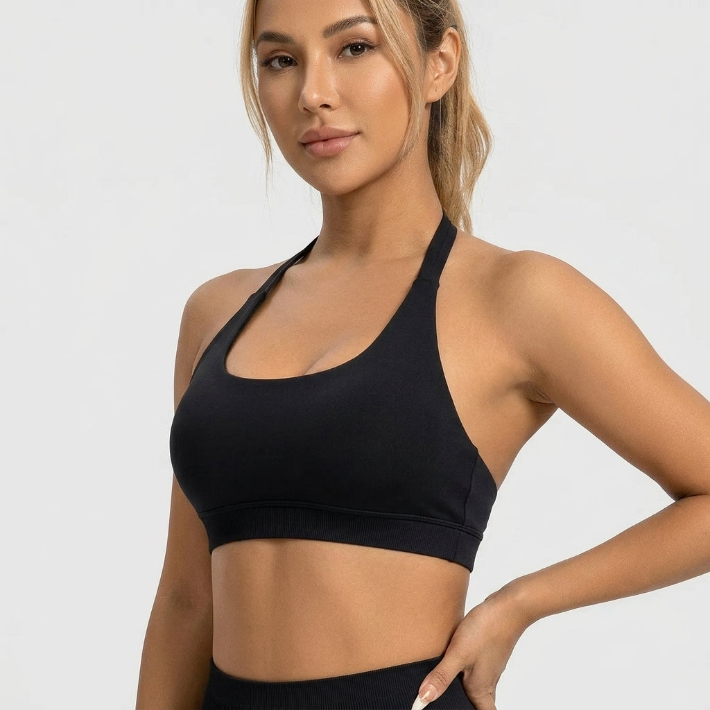 Kaia Seamless Halter Neck Sports Bra Black Angled Front