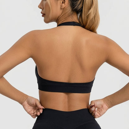 Kaia Seamless Halter Neck Sports Bra Black Open Back