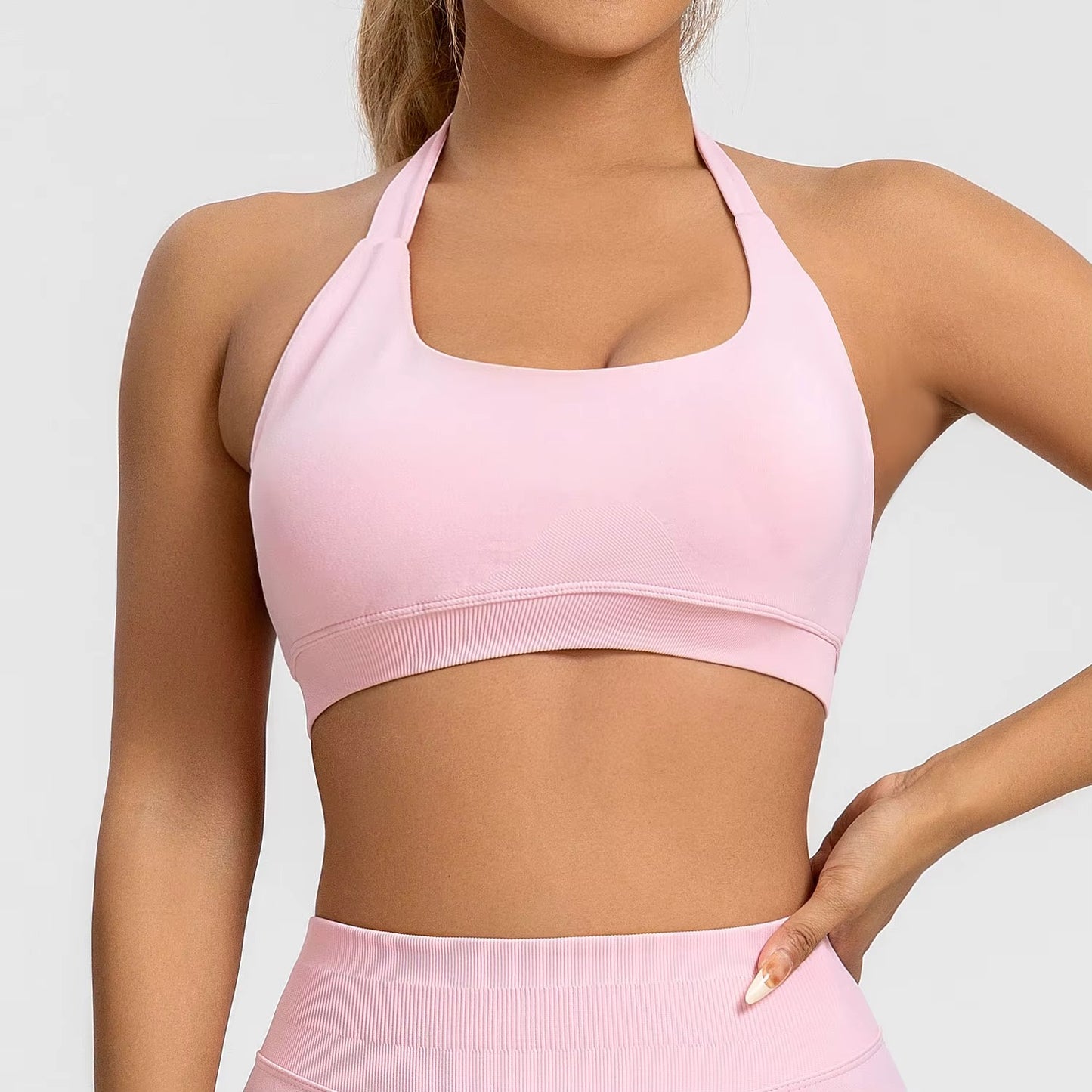 Kaia Seamless Halter Neck Sports Bra Pink Angled Front
